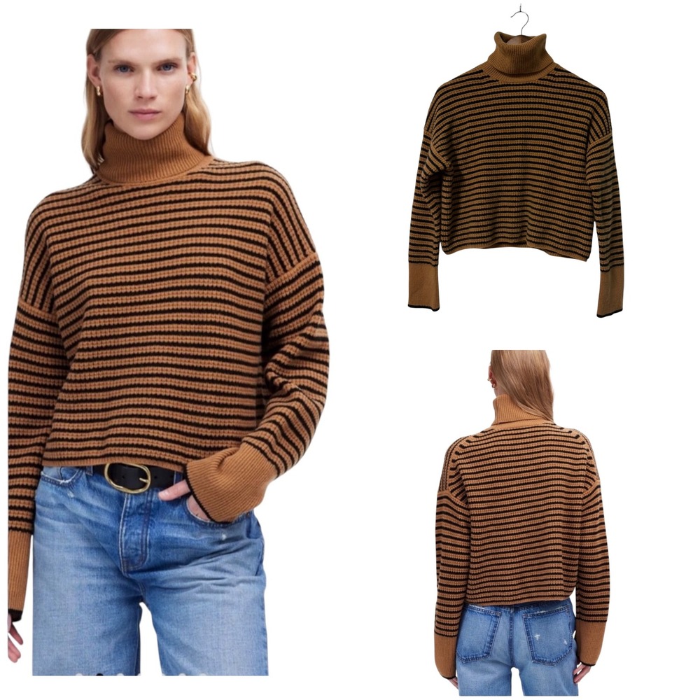 Madewell Sweater Womens S Brown Striped 100% Merino Wool Turtleneck Quiet Luxury